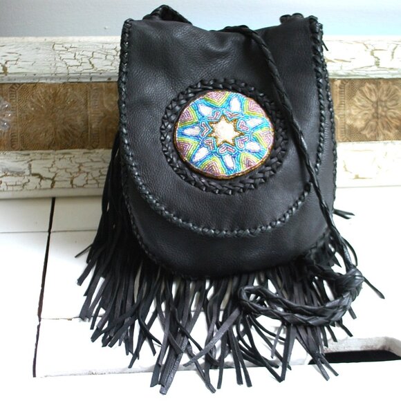 Vintage Soft & Subtle Custom Made Black Leather Handbag Fringe Braided & Beaded - Picture 1 of 5